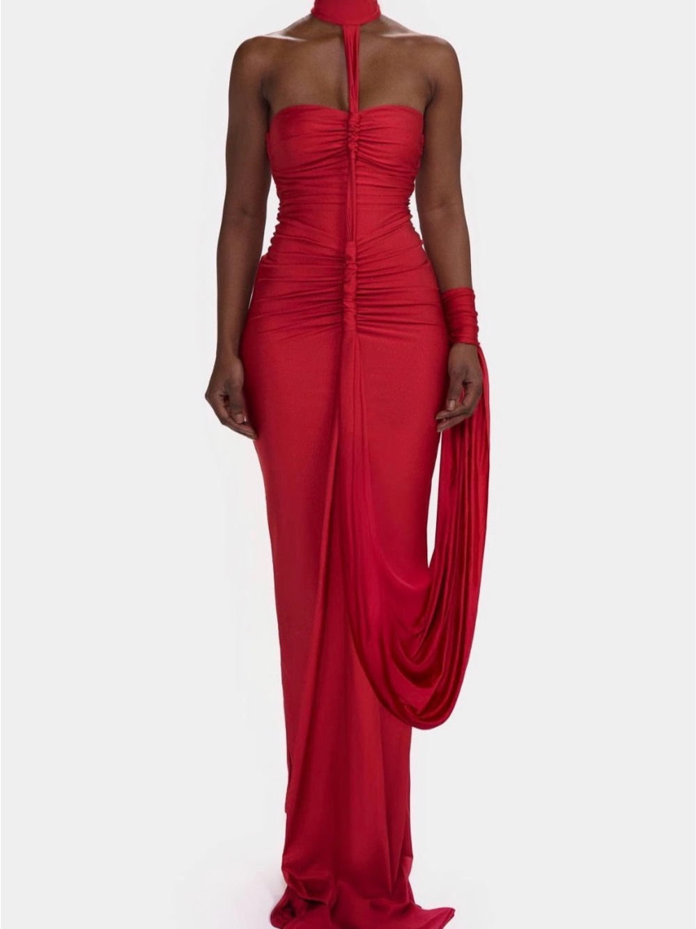 Strapless Red Ruched Maxi Dress with Draped Scarf Detail